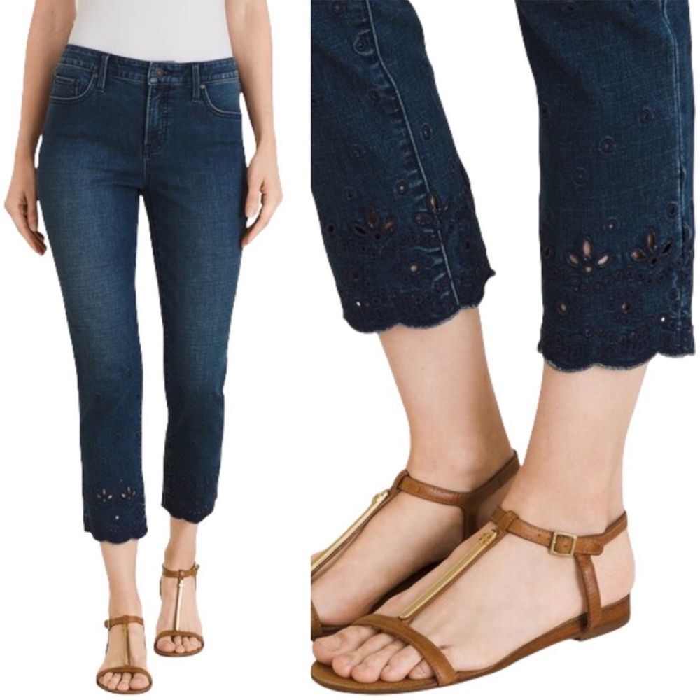 Chico's So Slimming High-Waist Girlfriend Slim Leg Crop Jeans Eyelet Hem Sz. 8